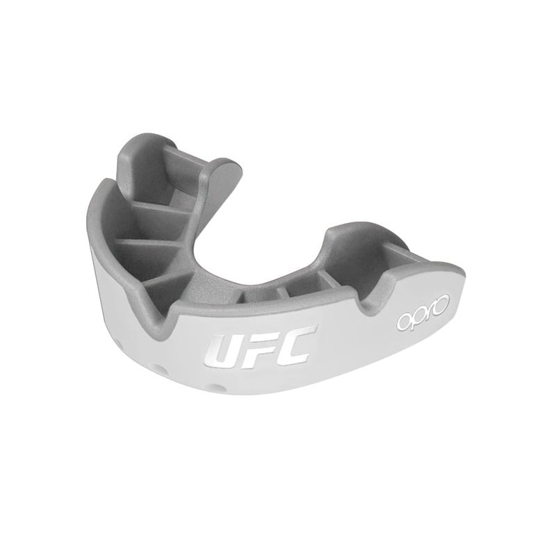 OPRO UFC Silver Level Mouth Guard - Moldable Mouthguard with Multi-Layer Protection for Boxing, Hockey, Rugby, MMA, jiu Jitsu, & Football Mouthpiece - Includes Mouth Guard Case (Youth, White/Silver) - Image 1